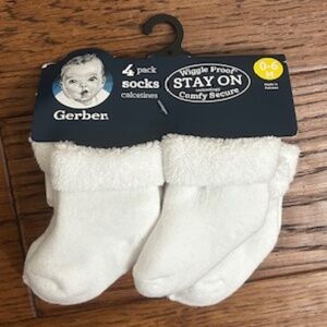 Gerber 0-6 Months Cuffed Terry Socks - 4 Pack - New